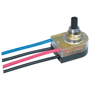 SATCO 80-1355 — On-Off Lighted Push Switch · 3/8" Plastic Bushing · Single Circuit · 6A-125V, 3A-250V Rating · 6" Leads · Brass Finish